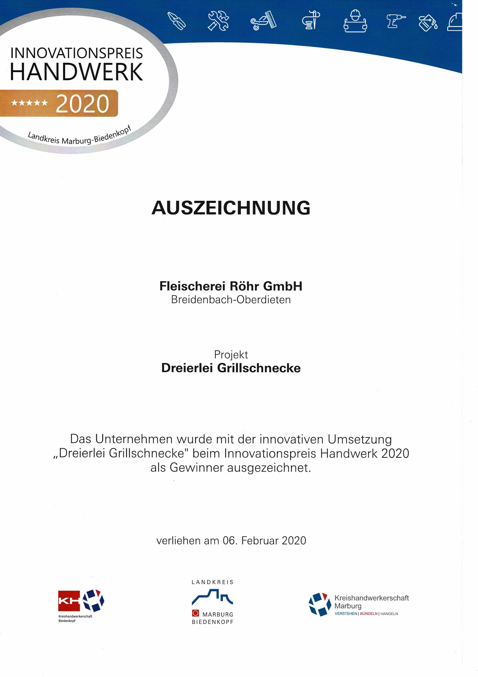 Innovationspreis Handwerk 2020 für Dreierlei Grillschnecke