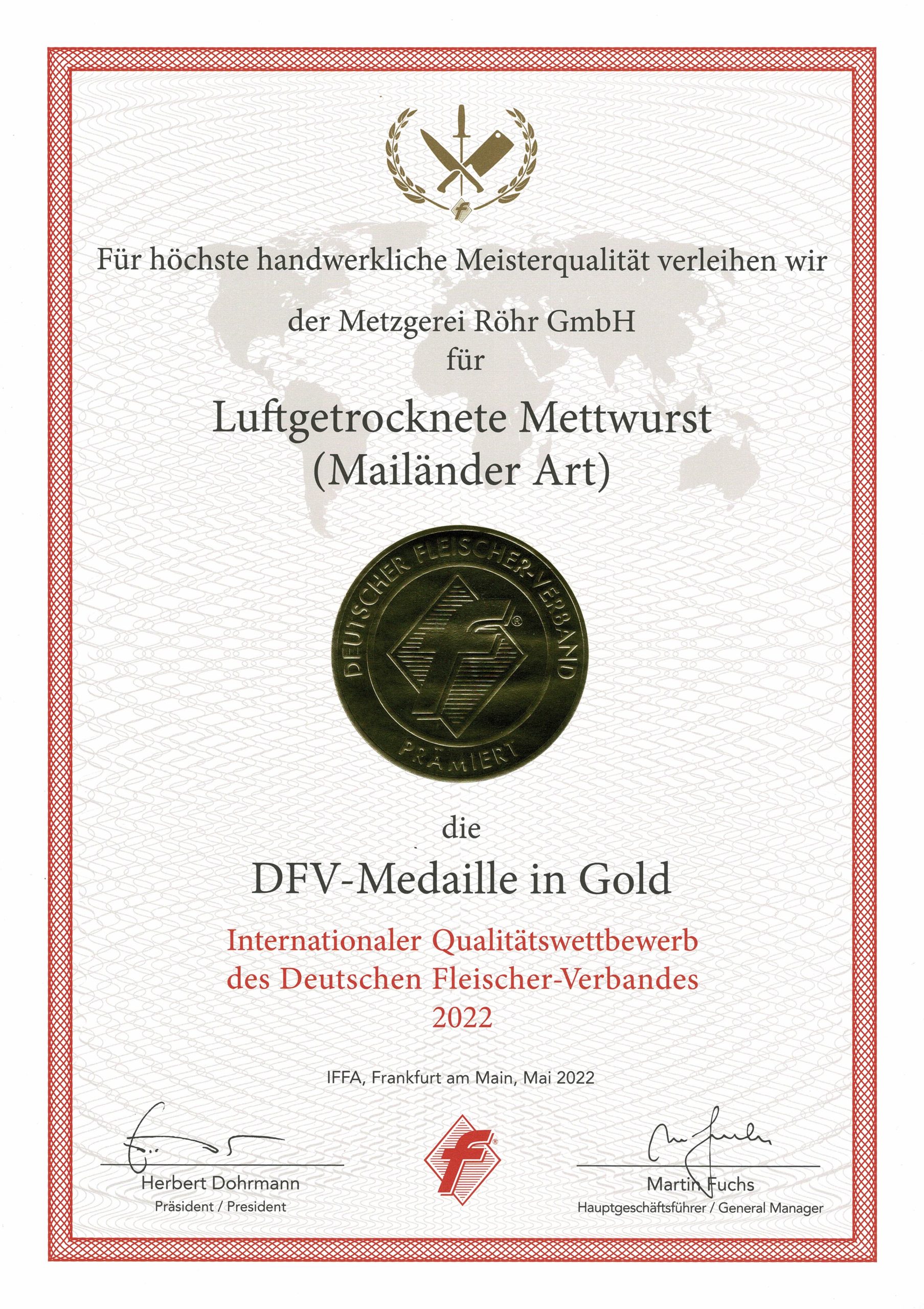 DFV-Medaille in Gold für Luftgetrocknete Mettwurst