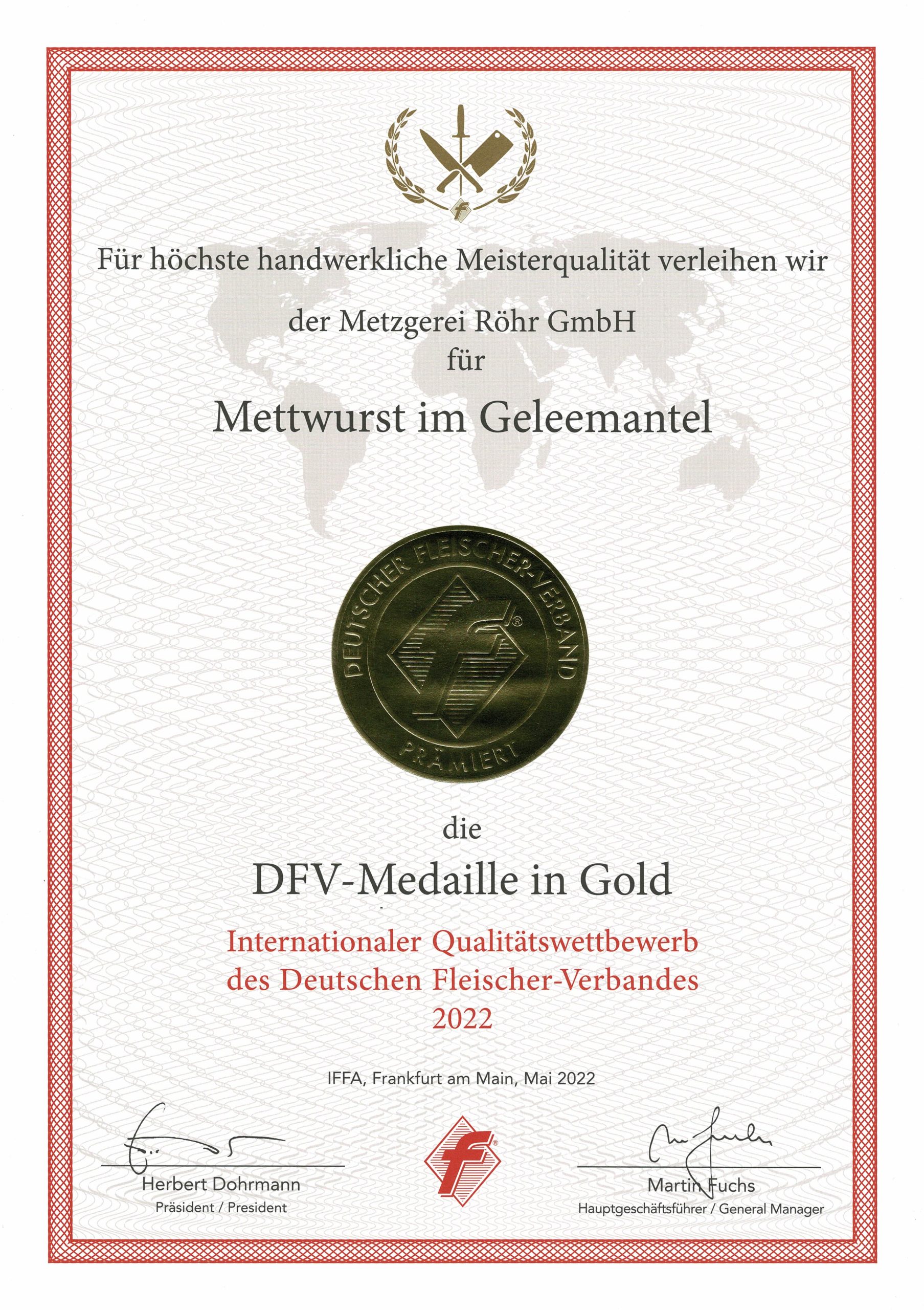 DFV-Medaille in Gold für Mettwurst im Geleemantel