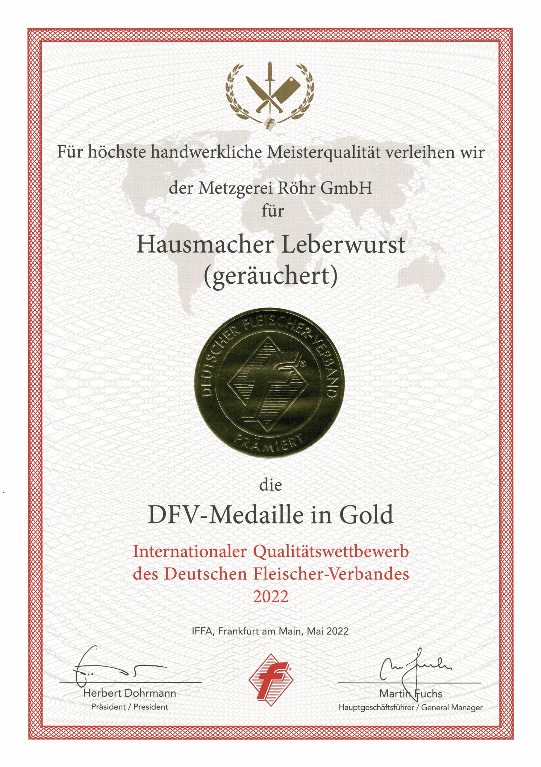 DFV-Medaille in Gold für Hausmacher Leberwurst