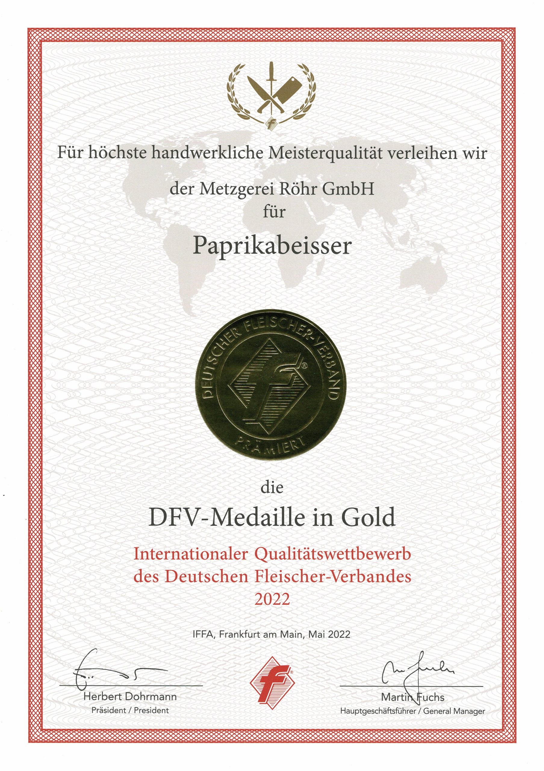 DFV-Medaille in Gold für Paprikabeisser