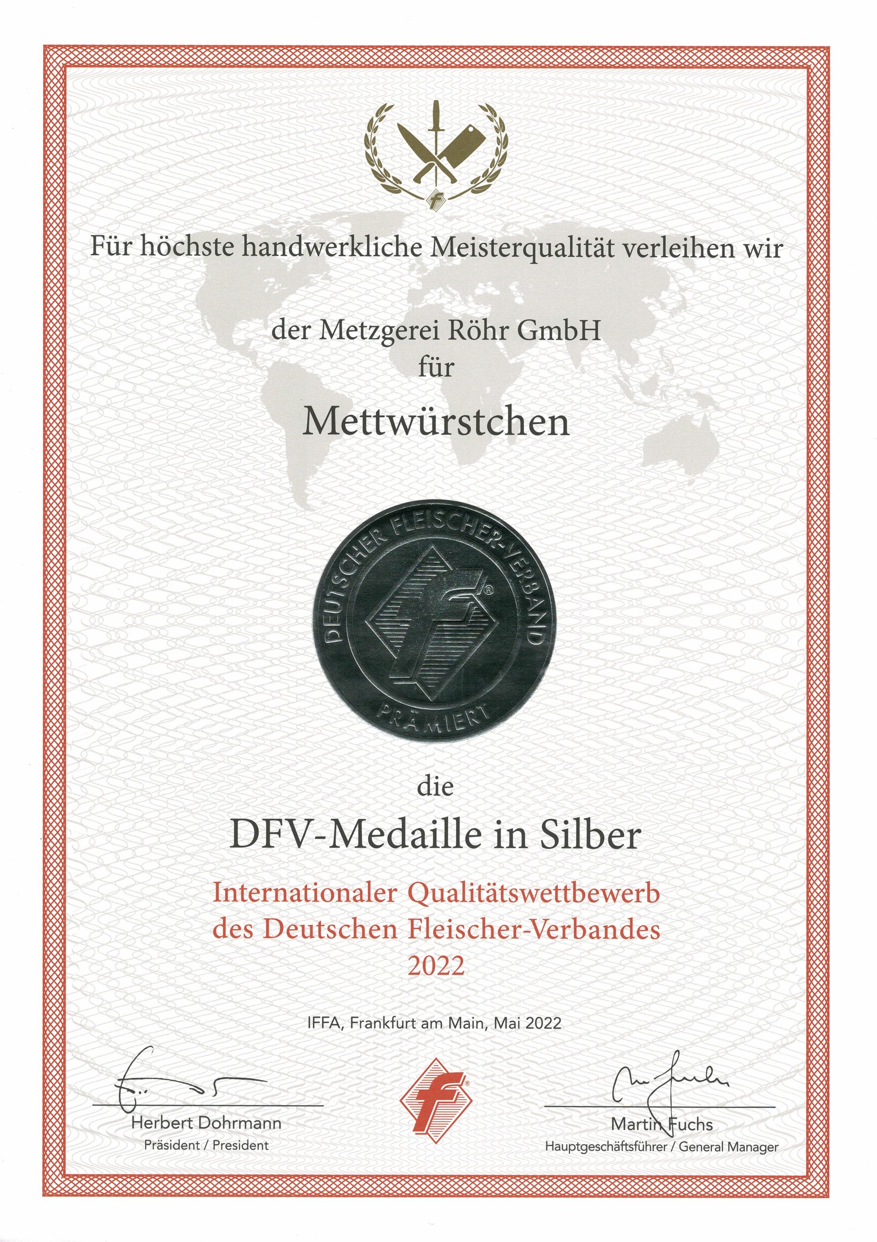 DFV-Medaille in Silber für Mettwürstchen