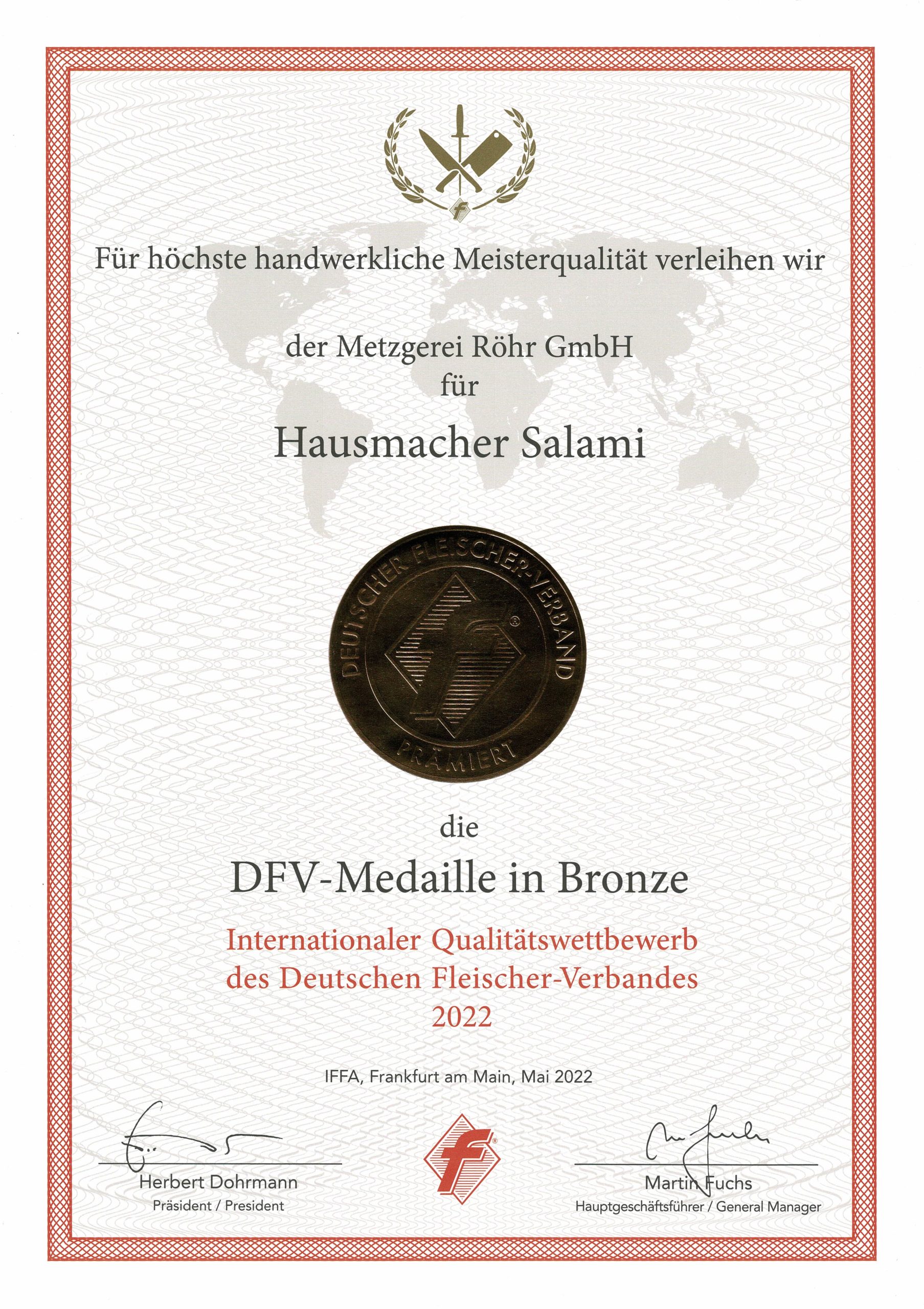 DFV-Medaille in Bronze für Hausmacher Salami